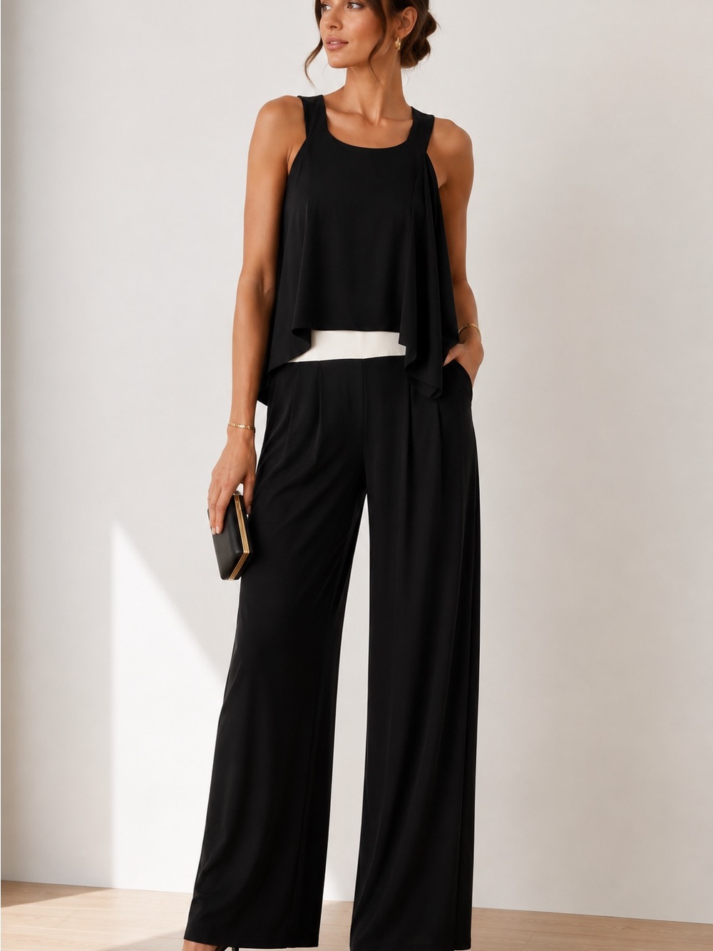 Vince Camuto Black Ivory Overlay Wide Leg Jumpsuit Size 8